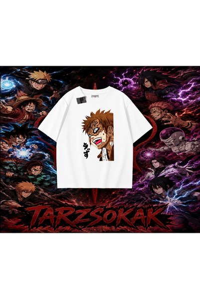 Tarzsokak تي شيرت Gaara Naruto Anime Character كبير الحجم للجنسين باللون الأبيض