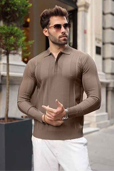 Madmext Light Brown Polo Collar Slim Fit Men's Knitwear Sweater E7527