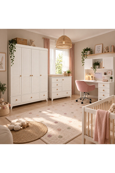 %100 MDF Panjur Beyaz 4 Kapılı Bebek & Çocuk Dolap & Şifonyer & Çalışma Masası
