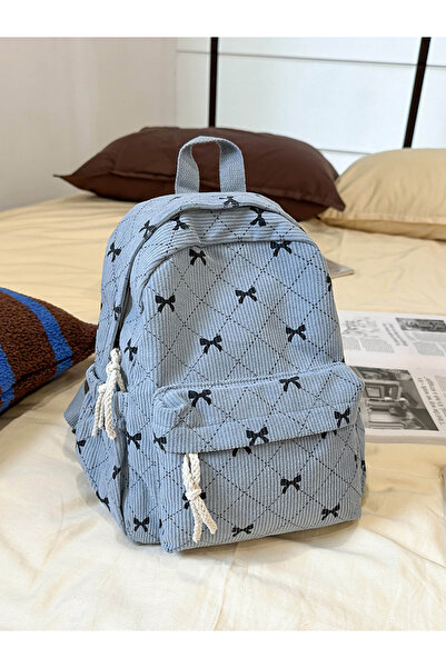 Take Two By Styli Stylish Blue Corduroy Mini Backpack with Bows