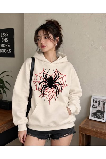 HAI COLLECTİON Kadın Sweatshirt 3 İplik Örümcek Ağı Baskılı Kapüşonlu Kanguru...