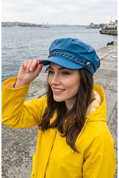 emybox Chain Detailed Black Leather Cap Hat Women's Winter Newsboy Hat Faux L...