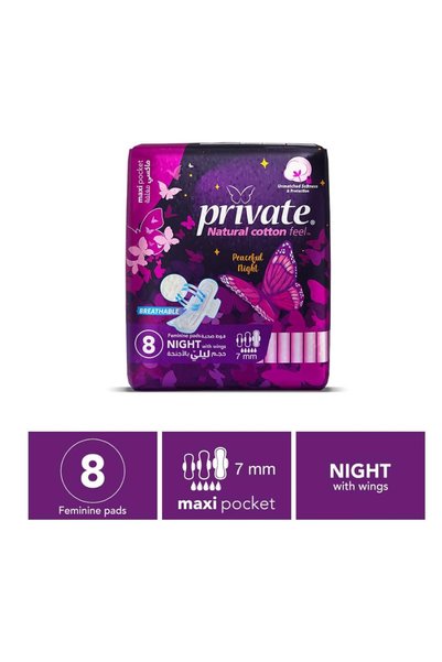 PRİVATE Natural Cotton Feel, Maxi, Folded with wings, Night Sanitary Pads, 8 ...