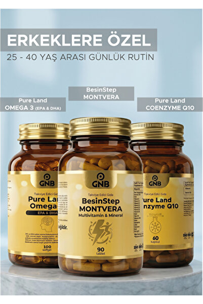 Erkeklere Özel Enerji ve İyi Yaşam Paketi - BesinStep Montvera Multivitamin 90 Tablet + Pure Land Omega 3 100 Softjel + Coenzyme Q10 60 Kapsül