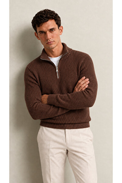 viyamen Men's Half Zipper Mock Neck Corded Fabric Slim Fit Knitwear Sweater