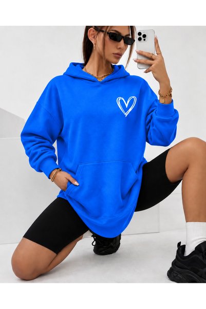 HAI COLLECTİON Women's Sweatshirt 3 Thread Heart Printed Oversize Hoodie with...