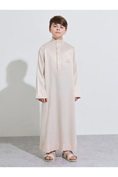 Amirah By Styli Teen Boys Beige Solid Band Collar Full Length Thobe