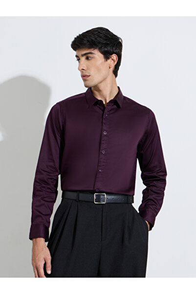 Styli Maroon Solid Long Sleeves Satin Slim Fit Shirt