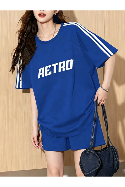 Take Two By Styli Blue Retro Graphic Pyjama Set - Short Sleeve T-Shirt and Sh...