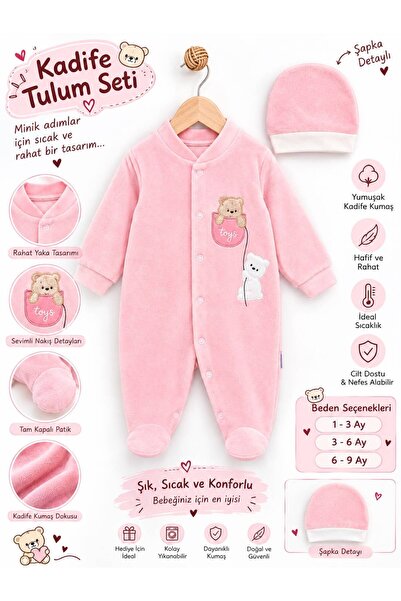 Sönmez Baby TOYS KEDİCİK KIŞLIK KADİFE TULUM VE ŞAPKASI İKİLİ KIZ BEBE TAKIMI