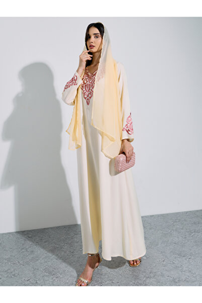 Amirah By Styli Cream Embroidered Long Sleeves V-Neck Maxi Jalabiya with Soli...