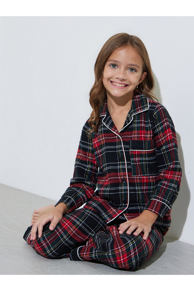 Styli Girls Multi-Color Checked Shirt and Straight Leg Pants Pyjama Set