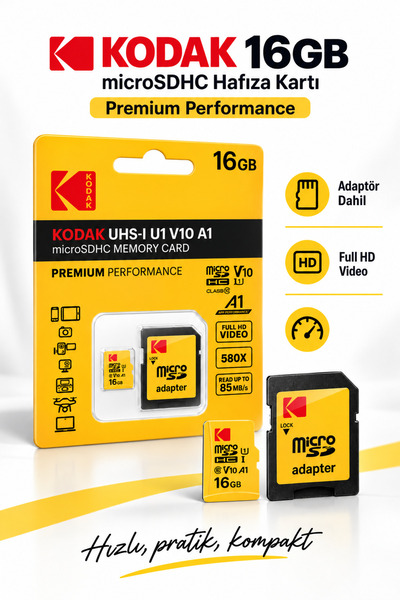 Kodak 16GB microSDHC Hafıza Kartı UHS-I U1 V10 A1 Class 10 85 MB/s Full HD De...