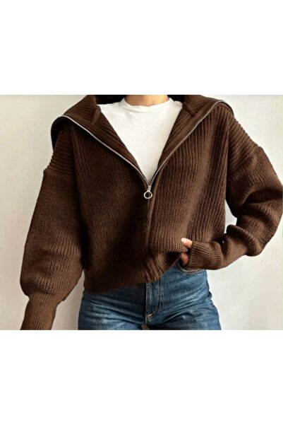 FLEX FASHION Γυναικεία ελαστική πλεκτή ζακέτα με φερμουάρ και αναδιπλούμενο γ...