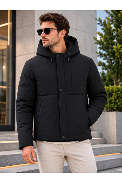 Boymen Water and Windproof Men's Black Hooded Quilted Lined Winter Coat.Casual