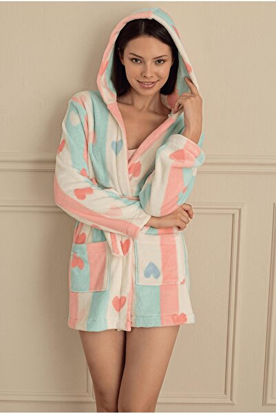 Sevim Women's Long Sleeve Welsoft Hooded Blue-Pink Short Dressing Gown C7T7N281