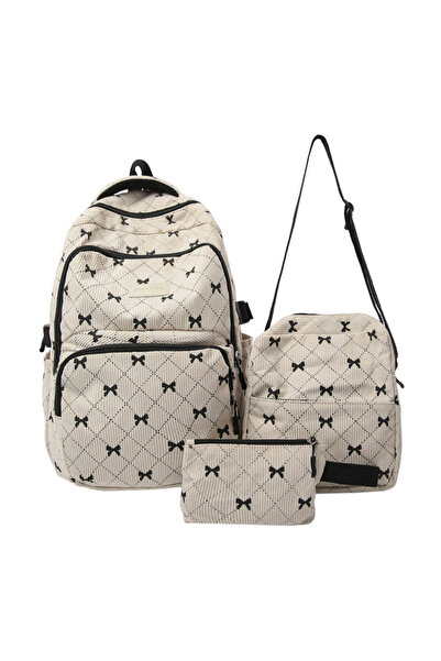 Take Two By Styli 3-Piece Corduroy Bow Pattern Backpack Set