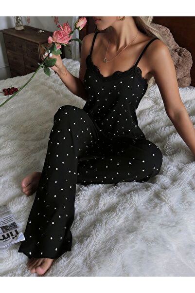 Take Two By Styli Black Polka Dot V-Neck Tank Pyjama Set