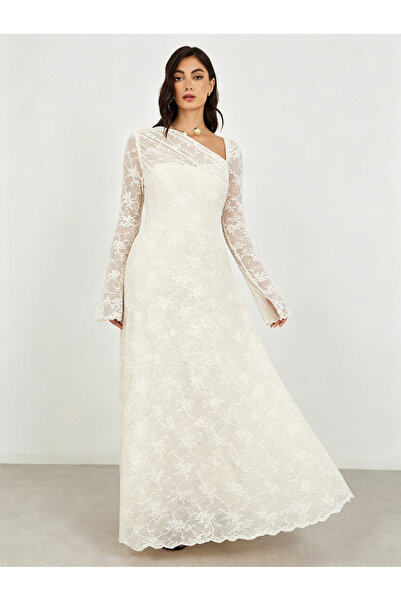 Take Two By Styli White Floral Lace Asymmetric Neck Maxi Dress