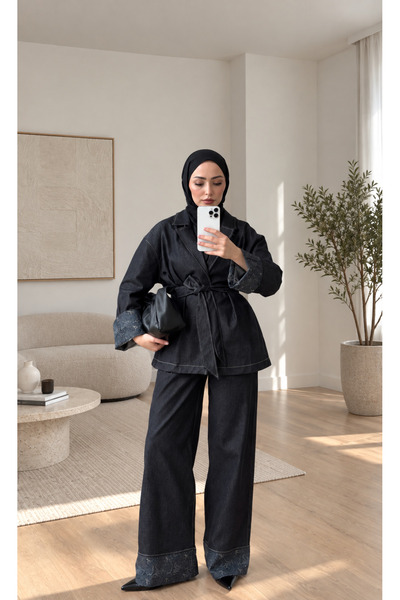 fera butik Desen Detaylı Kuşaklı Denim Ceket Pantolon Takım