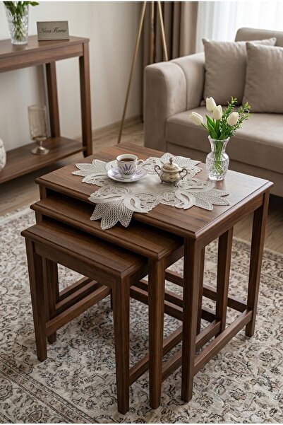 NEEA HOME Fransız Dantelli Gardenya Lale Desen Lüks Zigon Sehpa Örtüsü 40X40 Cm