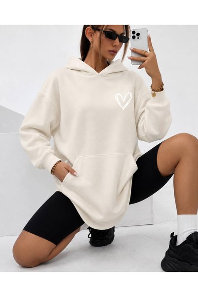 HAI COLLECTİON Kadın Sweatshirt 3 İplik Kalp Baskılı Kapüşonlu Kanguru Cepli ...