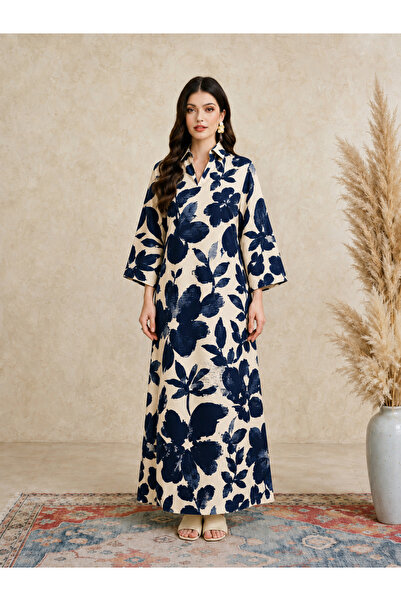 Take Two By Styli Blue Floral Print Open Collar Jalabiya