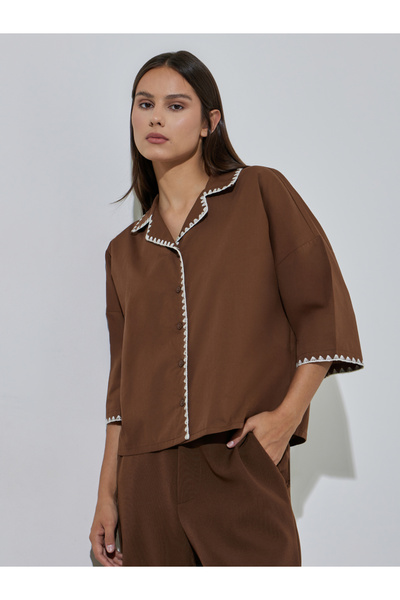 Styli Brown Contrast Stitching 3/4 Flared Sleeves Shirt