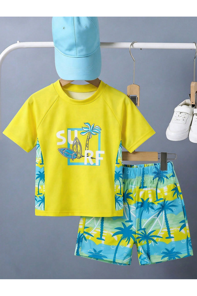 Take Two By Styli Boys Printed Palm Tree Rash Guard And Swim Shorts Set