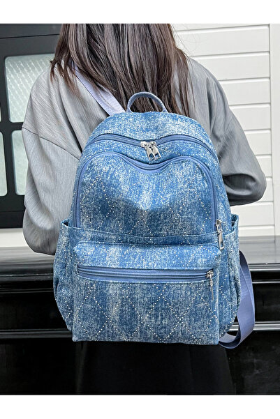Take Two By Styli Blue Denim Texture Diamond Rhinestone Backpack