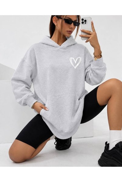 HAI COLLECTİON Women's Sweatshirt 3 Thread Heart Printed Oversize Hoodie with...