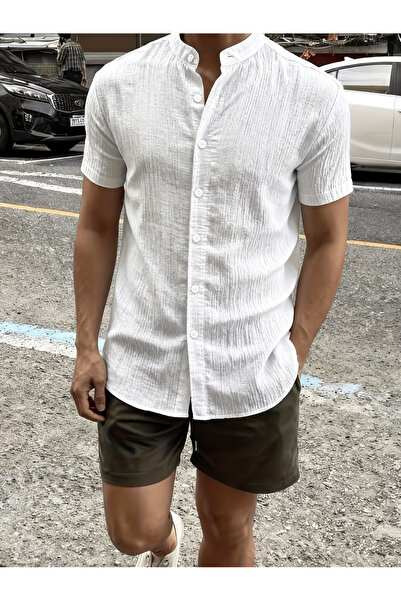 Take Two By Styli White Plain Short-Sleeve Band Collar Shirt