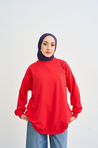 LOCCO Kadın Taş Ve İnci Detaylı Sweatshirt Kırmızı
