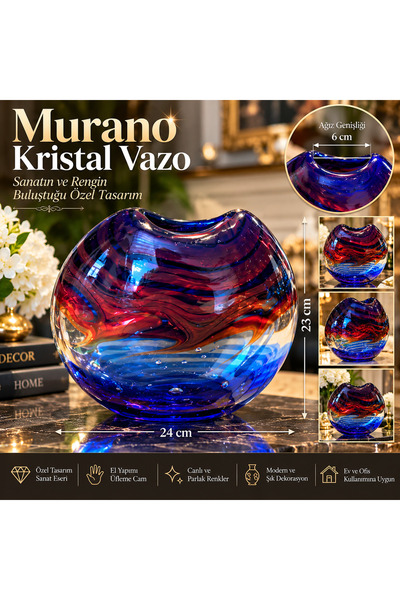 Atak Hediyelik Murano Kristal Cam Dekoratif Vazo – Mavi Bordo Renk Geçişli Öz...