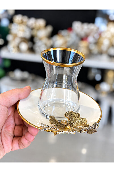 Elta Collection 6 Kişilik Gold Detaylı Cam Çay Bardağı ve Porselen Tabak Seti...