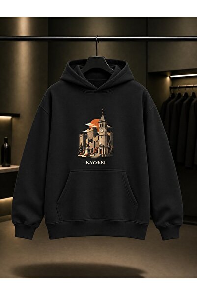 fame-stoned Kayseri Castle Clock Tower Printed Unisex 100% Cotton Hooded Swea...