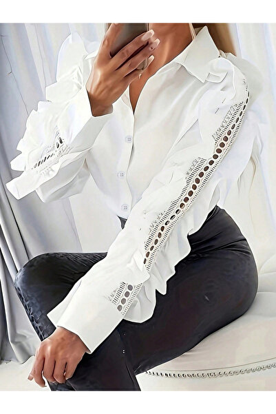 Take Two By Styli White Ruffled Sleeve Button-Up Shirt