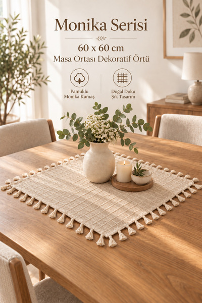 Morlay Pamuklu Monika Masa Ortası Örtüsü 60x60 cm – 4 Tarafı Püsküllü Kare Dekoratif Örtü