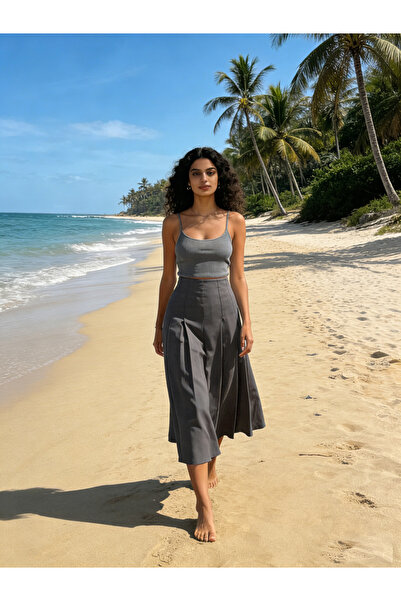 Take Two By Styli Grey High Waist Pleated A-Line Midi Skirt
