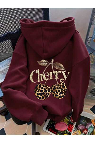 Revasser Kadın LEOPAR CHERRY Renkli Özel Baskılı Pamuklu Oversize Kapüşonlu S...