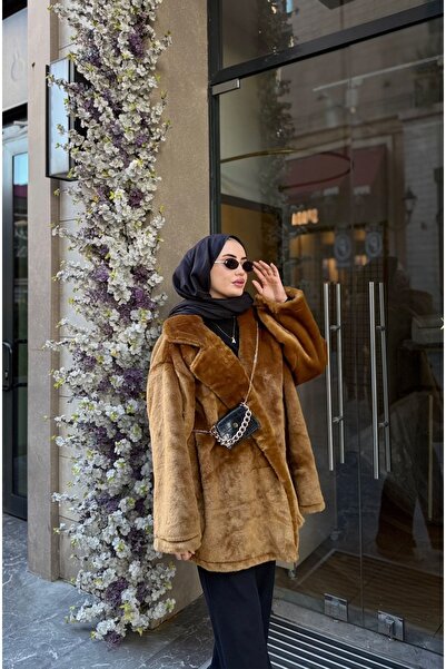 Alara Moda Taba Oversize Premium Kürk Kaban Tesettür