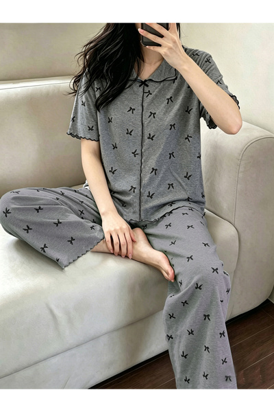 Take Two By Styli Chic Bow-Print Collared Pyjama Set with Short Sleeve Top an...