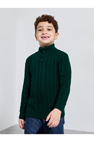 Styli Boys Dark Green Cable Knit Long Sleeves High Neck Sweater