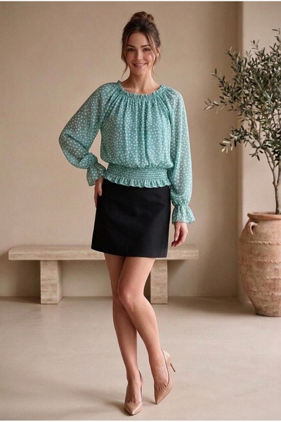 OEM Bluza eleganta de dama cu umerii goliti, imprimeu cu puncte, croiala evaz...