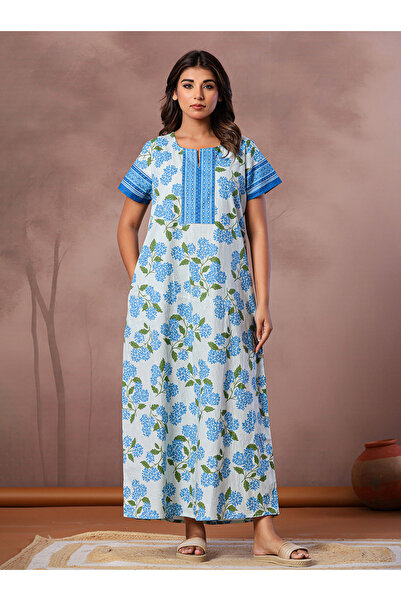 NIHSAMAH By Styli Blue Floral Cotton Nightdress with Short Sleeves