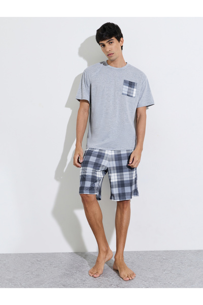 Styli Multi-Color Checked Pocket T-Shirt and Checked Shorts Pyjama Set