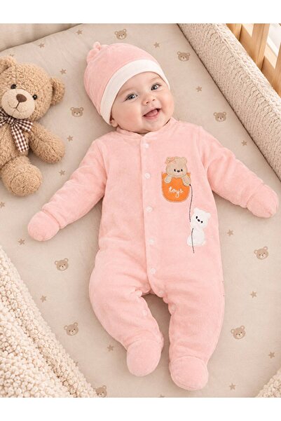 Sönmez Baby TOYS KEDİCİK KIŞLIK KADİFE TULUM VE ŞAPKASI İKİLİ KIZ BEBE TAKIMI