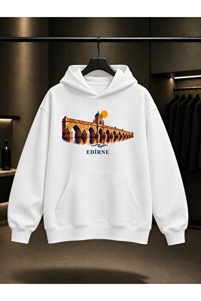 fame-stoned Edirne Meriç Bridge Printed Unisex 100% Cotton Hooded Sweatshirt