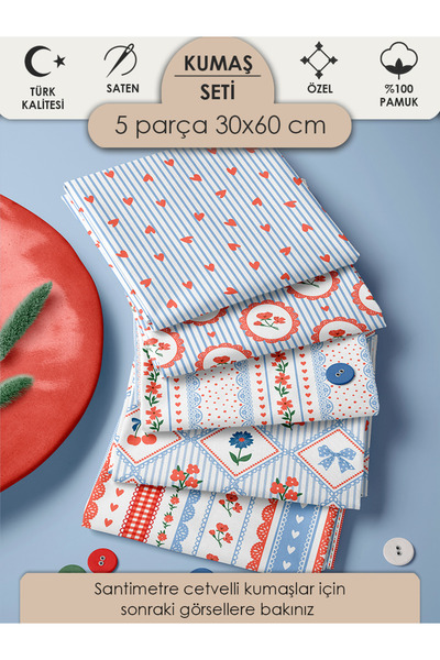 FabricMarket %100 Pamuk Kumaş Panel Seti 5 Farklı Desen 30x60 cm – Vintage Çi...
