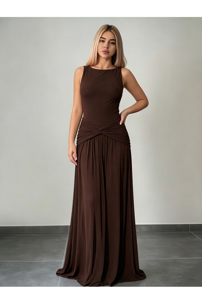 Take Two By Styli Dark Brown Sleeveless Twist Waist Maxi Dress